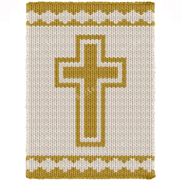 Christian Cross Finger Knit Blanket Pattern - gold Latin cross inside a golden outline on a cream background with gold geometric borders at top and bottom, a calm spiritual design, knitted in stockinette colorwork intarsia with 2 colors: Main Color, Gold.