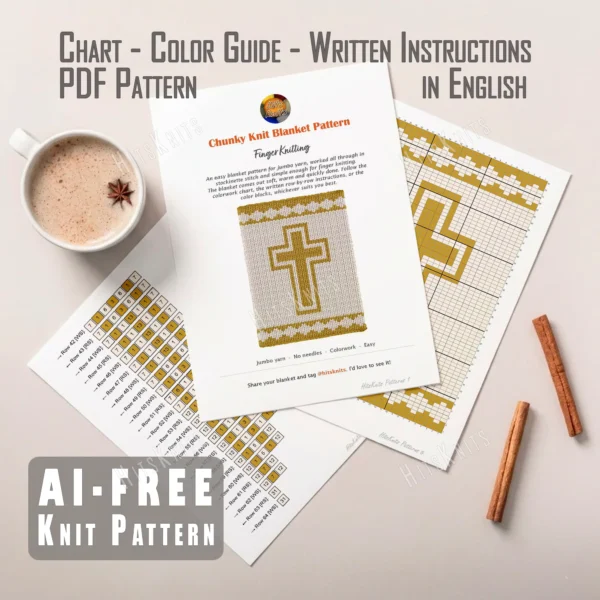Christian Cross Finger Knit Blanket Pattern - gold Latin cross inside a golden outline on a cream background with gold geometric borders at top and bottom, a calm spiritual design, knitted in stockinette colorwork intarsia with 2 colors: Main Color, Gold.