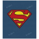 Superman Tapestry Crochet Blanket Pattern - the red and yellow S shield outlined in black on a deep blue background, a bold comic hero emblem crocheted in single crochet intarsia colorwork with 4 colors: Blue, Red, Black, and Yellow.