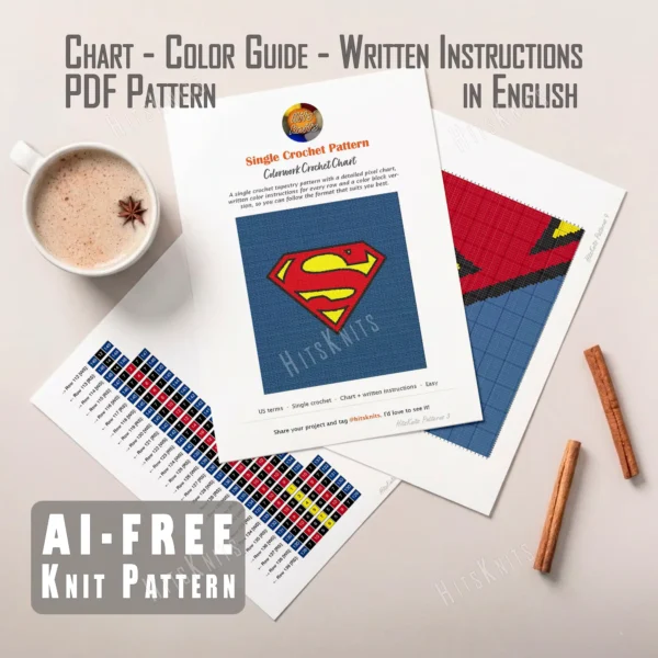Superman Tapestry Crochet Blanket Pattern - the red and yellow S shield outlined in black on a deep blue background, a bold comic hero emblem crocheted in single crochet intarsia colorwork with 4 colors: Blue, Red, Black, and Yellow.