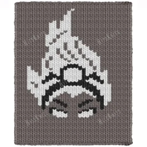Storm Mohawk Chunky Blanket Knit Pattern - a bold Marvel super hero character with a white mohawk, black tiara, and glowing electric eyes on a gray background, mood fierce and striking, knitted in stockinette colorwork intarsia with 3 colors: Gray, White, Black.