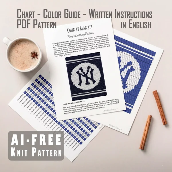 New York Yankees Chunky Knit Blanket Pattern - the interlocking NY logo in navy blue on a crisp white circle over a deep navy ground with white stripes, mood bold and sporty, knitted in stockinette colorwork intarsia with 2 colors: Blue, White.