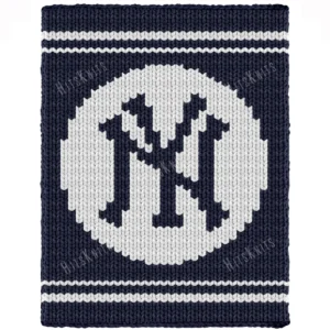 New York Yankees Chunky Knit Blanket Pattern - the interlocking NY logo in navy blue on a crisp white circle over a deep navy ground with white stripes, mood bold and sporty, knitted in stockinette colorwork intarsia with 2 colors: Blue, White.