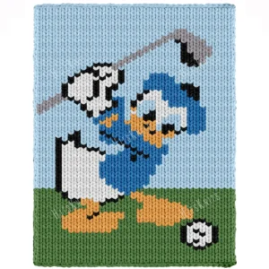 Donald Duck Golf Finger Knit Blanket Pattern - Donald Duck in a blue sailor shirt and cap mid golf swing on a green fairway beside a golf ball, a funny retro Disney scene for loom and finger knitting, knitted in stockinette colorwork intarsia with 7 colors: Sky, Green, White, Blue, Gold, Black, Gray.
