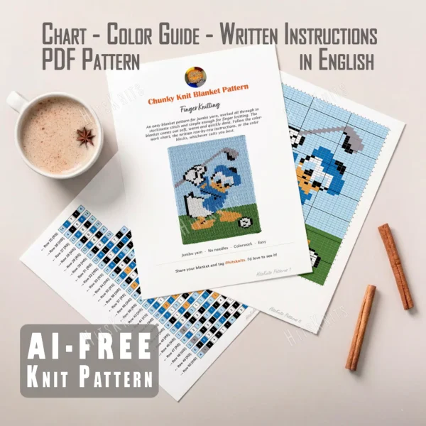 Donald Duck Golf Finger Knit Blanket Pattern - Donald Duck in a blue sailor shirt and cap mid golf swing on a green fairway beside a golf ball, a funny retro Disney scene for loom and finger knitting, knitted in stockinette colorwork intarsia with 7 colors: Sky, Green, White, Blue, Gold, Black, Gray.
