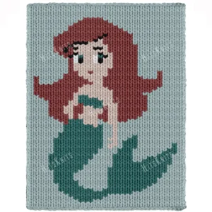 Little Mermaid Finger Knit Blanket Pattern - Ariel the little mermaid with long cranberry red hair, a teal top and tail, and bright teal eyes on a soft spa blue background, cute storybook mood, knitted in stockinette colorwork intarsia with 6 colors: Spa Blue, Cranberry, Teal, Soft Pink, Black, and White.