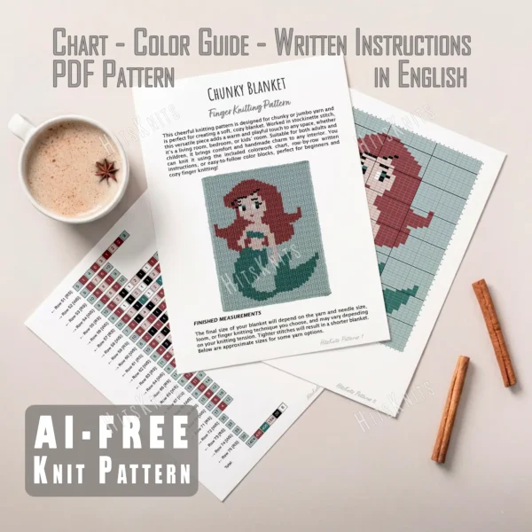 Little Mermaid Finger Knit Blanket Pattern - Ariel the little mermaid with long cranberry red hair, a teal top and tail, and bright teal eyes on a soft spa blue background, cute storybook mood, knitted in stockinette colorwork intarsia with 6 colors: Spa Blue, Cranberry, Teal, Soft Pink, Black, and White.