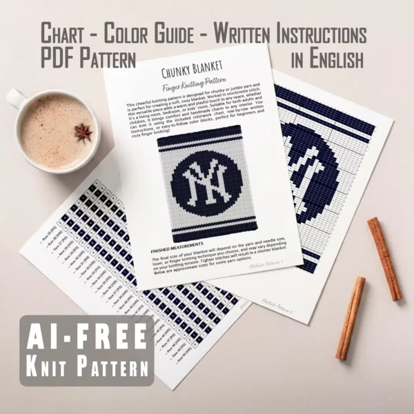 New York Yankees Chunky Blanket Knit Pattern - the classic interlocking NY monogram in navy blue on white inside a striped circle, mood bold and sporty, knitted in stockinette colorwork intarsia with 2 colors: White, Blue.
