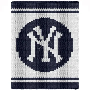 New York Yankees Chunky Blanket Knit Pattern - the classic interlocking NY monogram in navy blue on white inside a striped circle, mood bold and sporty, knitted in stockinette colorwork intarsia with 2 colors: White, Blue.
