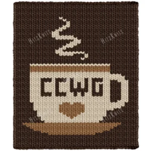 Coffee Conversations With God Knit Pattern - a cozy coffee mug with the word COFFEE, a small heart below the letters, and rising steam on a brown background, mood warm and faith-filled, knitted in stockinette colorwork intarsia with 3 colors: Brown, Cream, Camel.