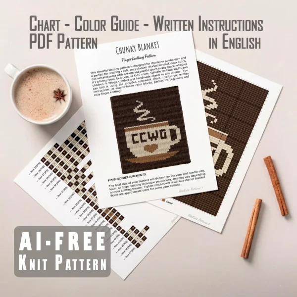 Coffee Conversations With God Knit Pattern - a cozy coffee mug with the word COFFEE, a small heart below the letters, and rising steam on a brown background, mood warm and faith-filled, knitted in stockinette colorwork intarsia with 3 colors: Brown, Cream, Camel.