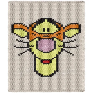 Tigger Chunky Blanket Finger Knit Pattern - Tigger from Disney's Winnie the Pooh with a sunny yellow face, bold black eyebrows, a big pink nose and black whiskers on a soft beige background, cute and friendly, knitted in stockinette colorwork intarsia with 6 colors: Beige, Black, Yellow, Orange, Pink, Red.