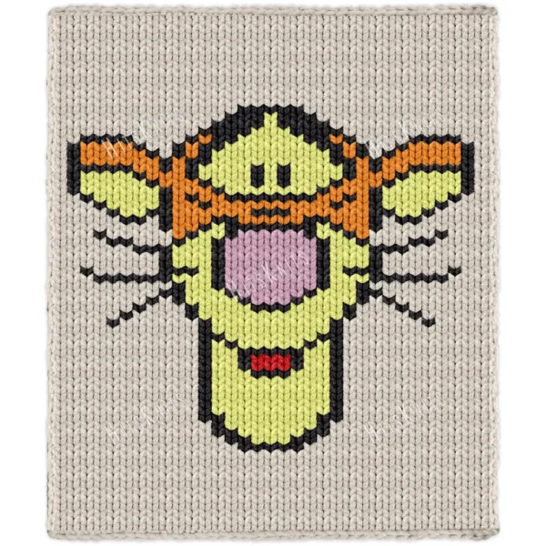 Tigger Chunky Blanket Finger Knit Pattern - Tigger from Disney's Winnie the Pooh with a sunny yellow face, bold black eyebrows, a big pink nose and black whiskers on a soft beige background, cute and friendly, knitted in stockinette colorwork intarsia with 6 colors: Beige, Black, Yellow, Orange, Pink, Red.