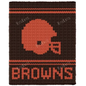 Cleveland Browns Chunky Loom Blanket Pattern - orange football helmet logo with facemask on a dark brown background, orange stripes and BROWNS lettering, bold game day mood, loom and finger knitting, knitted in stockinette colorwork intarsia with 2 colors: Brown, Orange.