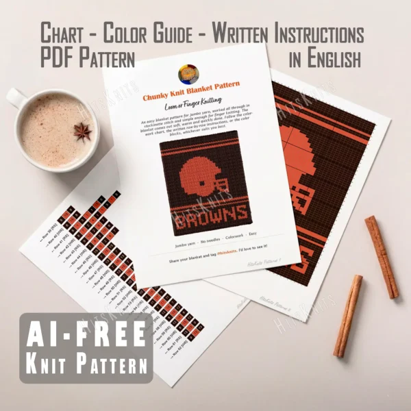 Cleveland Browns Chunky Loom Blanket Pattern - orange football helmet logo with facemask on a dark brown background, orange stripes and BROWNS lettering, bold game day mood, loom and finger knitting, knitted in stockinette colorwork intarsia with 2 colors: Brown, Orange.
