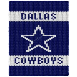 Dallas Cowboys Blanket Finger Knit Pattern showing a white five pointed star on a deep navy ground with DALLAS above and COWBOYS below in block lettering, a bold sporty team design for finger knitting, knitted in stockinette colorwork intarsia with 2 colors: Blue and White.