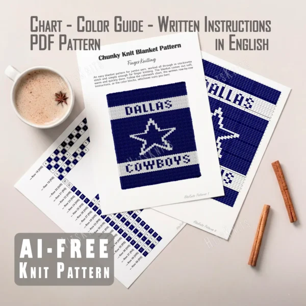 Dallas Cowboys Blanket Finger Knit Pattern showing a white five pointed star on a deep navy ground with DALLAS above and COWBOYS below in block lettering, a bold sporty team design for finger knitting, knitted in stockinette colorwork intarsia with 2 colors: Blue and White.