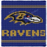 Baltimore Ravens Finger Knit Blanket Pattern - navy graphghan with the Baltimore Ravens raven head logo in gold, black and white with a red eye, RAVENS lettering and gold stripes, bold team spirit mood, finger knitting, knitted in stockinette colorwork intarsia with 5 colors: Navy, Gold, Black, White, Red.