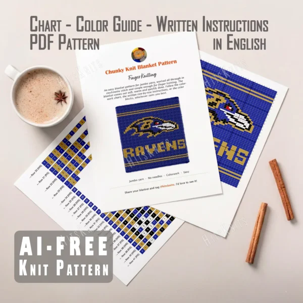 Baltimore Ravens Finger Knit Blanket Pattern - navy graphghan with the Baltimore Ravens raven head logo in gold, black and white with a red eye, RAVENS lettering and gold stripes, bold team spirit mood, finger knitting, knitted in stockinette colorwork intarsia with 5 colors: Navy, Gold, Black, White, Red.