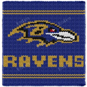 Baltimore Ravens Finger Knit Blanket Pattern - navy graphghan with the Baltimore Ravens raven head logo in gold, black and white with a red eye, RAVENS lettering and gold stripes, bold team spirit mood, finger knitting, knitted in stockinette colorwork intarsia with 5 colors: Navy, Gold, Black, White, Red.