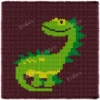 Brontosaurus Throw Finger Knitting Pattern - a smiling longneck brontosaurus with a lime green body, green ridge plates, a yellow spotted belly and a black eye and smile on a cranberry background, knitted in stockinette colorwork intarsia with 5 colors: Cranberry, Yellow, Lime, Green, Black.