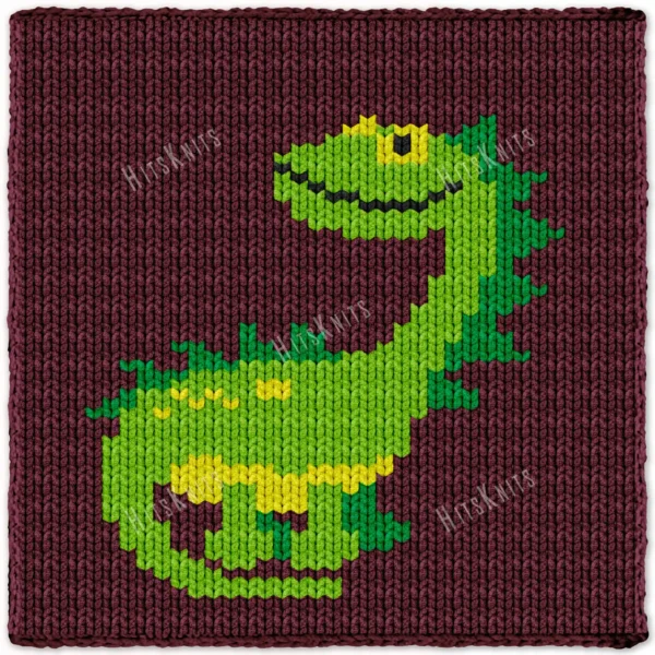 Brontosaurus Throw Finger Knitting Pattern - a smiling longneck brontosaurus with a lime green body, green ridge plates, a yellow spotted belly and a black eye and smile on a cranberry background, knitted in stockinette colorwork intarsia with 5 colors: Cranberry, Yellow, Lime, Green, Black.
