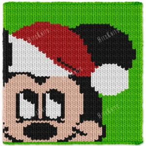 Christmas Mickey Finger Knit Blanket Pattern - Mickey Mouse in a red Santa hat with a white pompom on a lime background, knitted in stockinette colorwork intarsia with 5 colors: Lime, Black, Powder, White, Red.