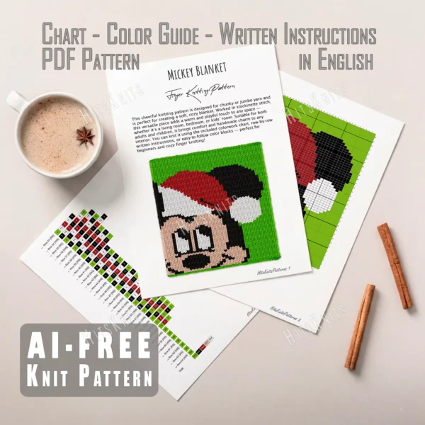 Christmas Mickey Finger Knit Blanket Pattern - Mickey Mouse in a red Santa hat with a white pompom on a lime background, knitted in stockinette colorwork intarsia with 5 colors: Lime, Black, Powder, White, Red.