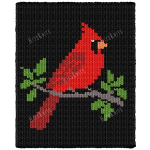 Red Cardinal Finger Knit Blanket Pattern - a vibrant Northern Cardinal with a raised crest perched on a gray branch among green leaves on a black background, knitted in stockinette colorwork intarsia with 7 colors: Black, Red, Burgundy, Green, Gray, Orange, White.