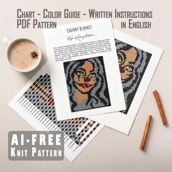 Creepy Clown Girl Chunky Blanket Pattern - a close-up clown girl portrait with black painted spikes under the eyes, a round red nose, deep red lips and loose gray hair on a gray ground, knitted in stockinette colorwork intarsia with 5 colors: Charcoal, Gray, Powder, Red, Ivory.