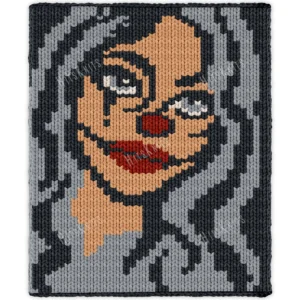 Creepy Clown Girl Chunky Blanket Pattern - a close-up clown girl portrait with black painted spikes under the eyes, a round red nose, deep red lips and loose gray hair on a gray ground, knitted in stockinette colorwork intarsia with 5 colors: Charcoal, Gray, Powder, Red, Ivory.
