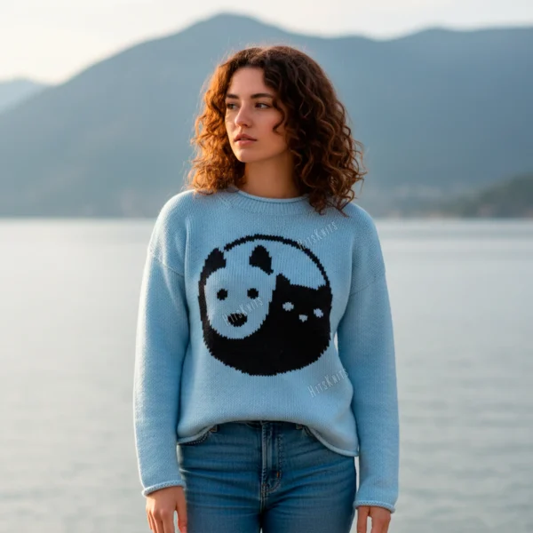 Cat and Dog Yin Yang Sweater Knitting Pattern showing a soft blue women's pullover with a black and blue yin yang motif of a cat and a dog on the front, knitted in worsted weight yarn, sizes S to 2XL.