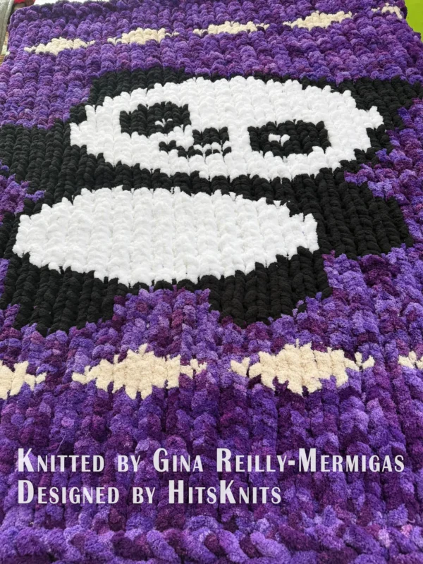 Panda Bear Blanket Finger Knitting Pattern - a cute standing panda waving one paw, with black ears, eye patches, arms and legs, a white face and tummy, on a mint green background with black-and-white borders, kawaii cozy mood, knitted in stockinette colorwork intarsia with 3 colors: Mint, Black, and White.