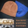 Machine Knitting Slouchy Hat Pattern showing two cotton beanies with a mock rib cuff, one in warm brown and one in royal blue, laid flat on a dark background, with a close-up of a Brother standard gauge knitting machine carriage and the words Machine Knitting Pattern.