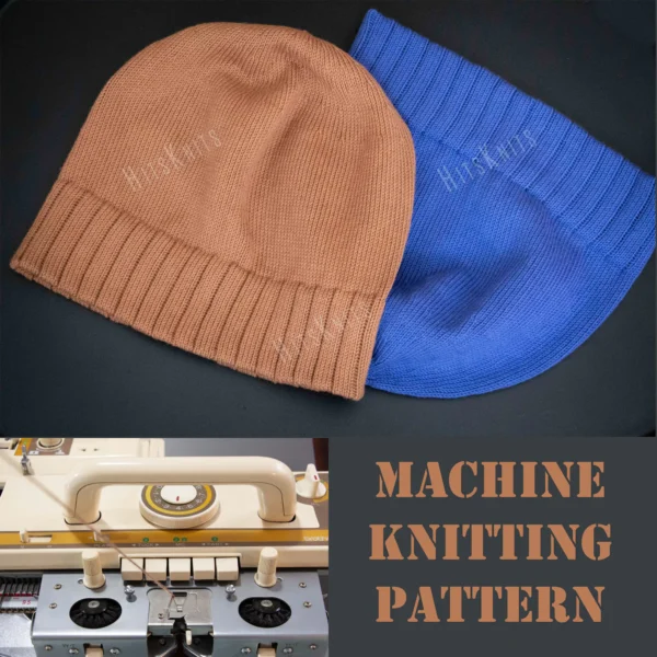 Machine Knitting Slouchy Hat Pattern showing two cotton beanies with a mock rib cuff, one in warm brown and one in royal blue, laid flat on a dark background, with a close-up of a Brother standard gauge knitting machine carriage and the words Machine Knitting Pattern.