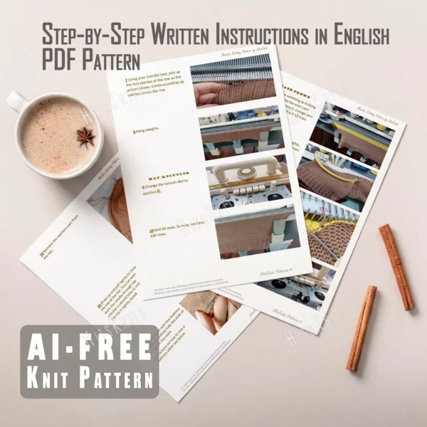 Machine Knitting Slouchy Hat Pattern showing printed PDF pages with step-by-step written instructions in English and photos of the knitting machine process, next to a cup of coffee and cinnamon sticks, with the words Row-by-Row Written Instructions in English, PDF Pattern and AI-Free Knit Pattern.