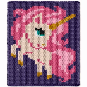 Pink Unicorn Throw Finger Knitting Pattern - cute fairytale unicorn with an ivory face, magenta and blush pink mane, and a golden horn on a purple background, worked in stockinette colorwork intarsia with 8 colors: purple, magenta, ivory, blush, gold, black, white, cyan.