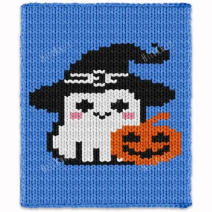 Cute Ghost Witch Hat Throw Knitting Pattern - a smiling white ghost in a black witch hat with pink cheeks sitting beside a carved jack o lantern on a blue night sky, knitted in stockinette colorwork intarsia with 5 colors: Blue, Black, White, Pumpkin, Pink.