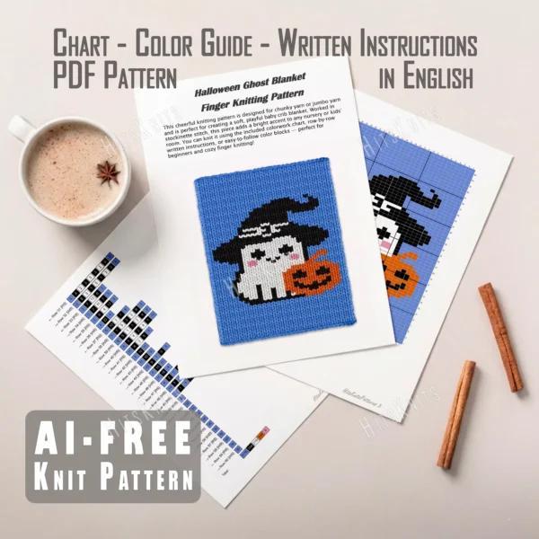 Cute Ghost Witch Hat Throw Knitting Pattern - a smiling white ghost in a black witch hat with pink cheeks sitting beside a carved jack o lantern on a blue night sky, knitted in stockinette colorwork intarsia with 5 colors: Blue, Black, White, Pumpkin, Pink.