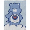 Cute Grumpy Bear Finger Knit Blanket Pattern - blue Grumpy Bear with a white muzzle and tummy and a rain cloud badge with a coral heart, standing on a white cloud against a pale blue sky, a cute character design, knitted in stockinette colorwork intarsia with 5 colors: Pale blue, White, Blue, Navy, Coral.