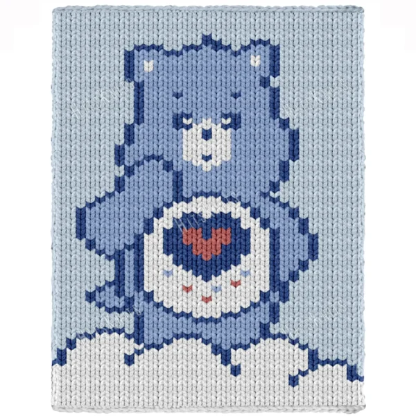 Cute Grumpy Bear Finger Knit Blanket Pattern - blue Grumpy Bear with a white muzzle and tummy and a rain cloud badge with a coral heart, standing on a white cloud against a pale blue sky, a cute character design, knitted in stockinette colorwork intarsia with 5 colors: Pale blue, White, Blue, Navy, Coral.
